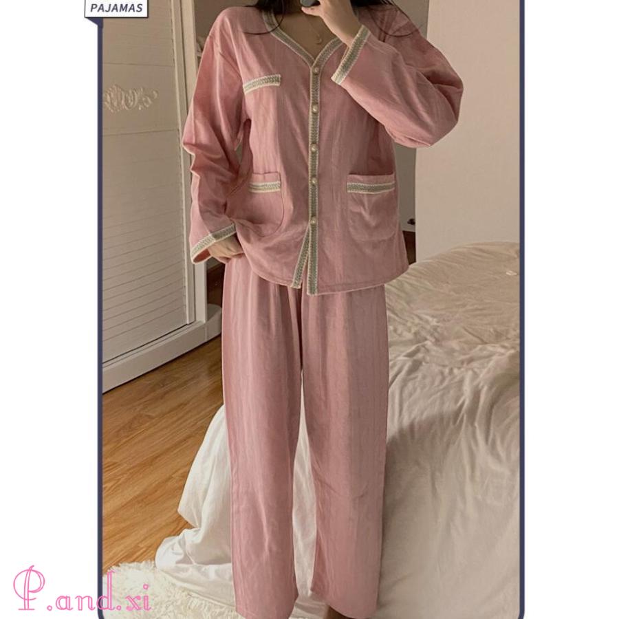 パジャマ レディース トップス パンツ 2点セット かわいい おしゃれ 春 薄手 秋 上下 セットアップ 長袖 ゆったり 部屋着 長袖 ルームウエア 前開き 