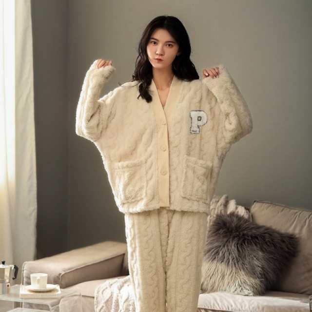 ルームウェア レディース パジャマ 上下セット モコモコルームウエア 長袖 セットアップ ケーブル編み 寝巻き 秋 冬用 ふわもこ 部屋着 2点セット 