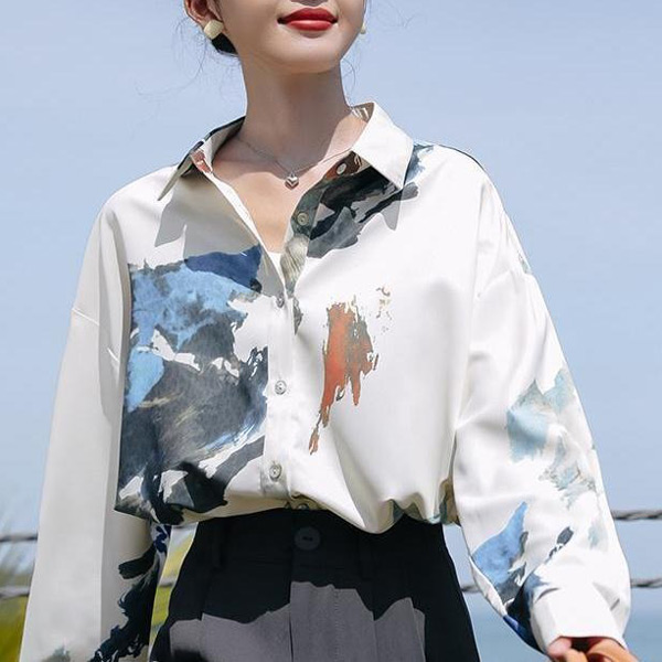 柄シャツ アースアート 長袖シャツ オーバーサイズ ペイント 絵の具 コスチューム 秋服 春服 衣装 シャツ 個性的 大きいサイズ 韓国ファッション ダンス 
