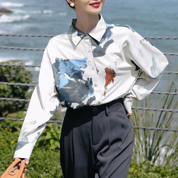 柄シャツ アースアート 長袖シャツ オーバーサイズ ペイント 絵の具 コスチューム 秋服 春服 衣装 シャツ 個性的 大きいサイズ 韓国ファッション ダンス 