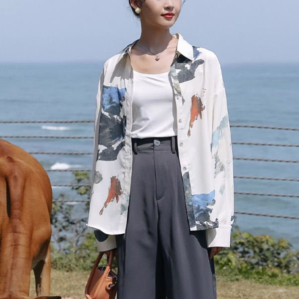 柄シャツ アースアート 長袖シャツ オーバーサイズ ペイント 絵の具 コスチューム 秋服 春服 衣装 シャツ 個性的 大きいサイズ 韓国ファッション ダンス 