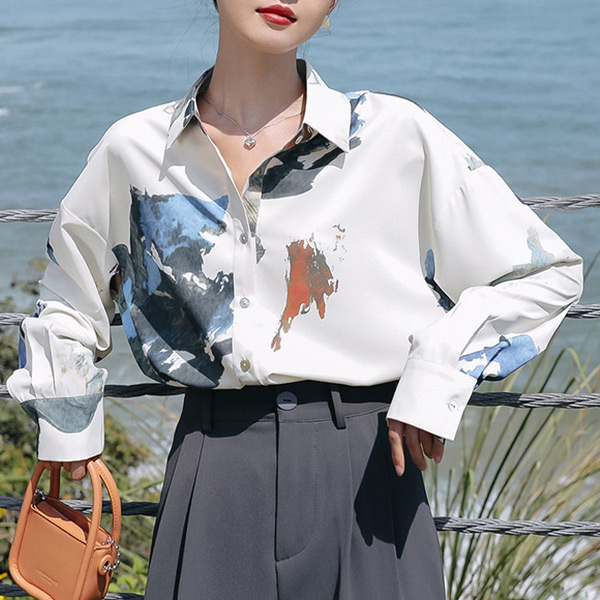 柄シャツ アースアート 長袖シャツ オーバーサイズ ペイント 絵の具 コスチューム 秋服 春服 衣装 シャツ 個性的 大きいサイズ 韓国ファッション ダンス 