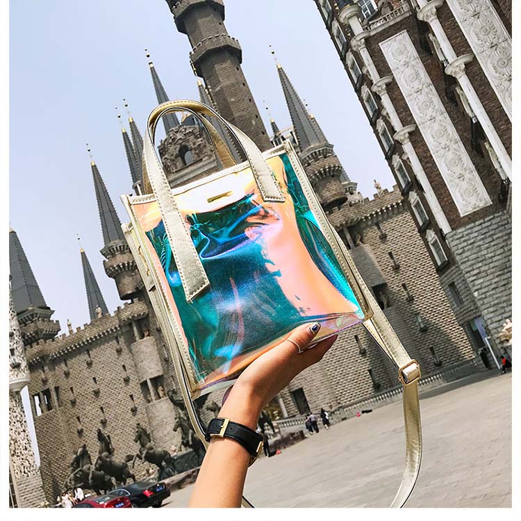 クリアトートバッグ レディース ショルダー ミラースモーク 小さめ ビニール オーロラ 軽い 斜め掛け 透明 