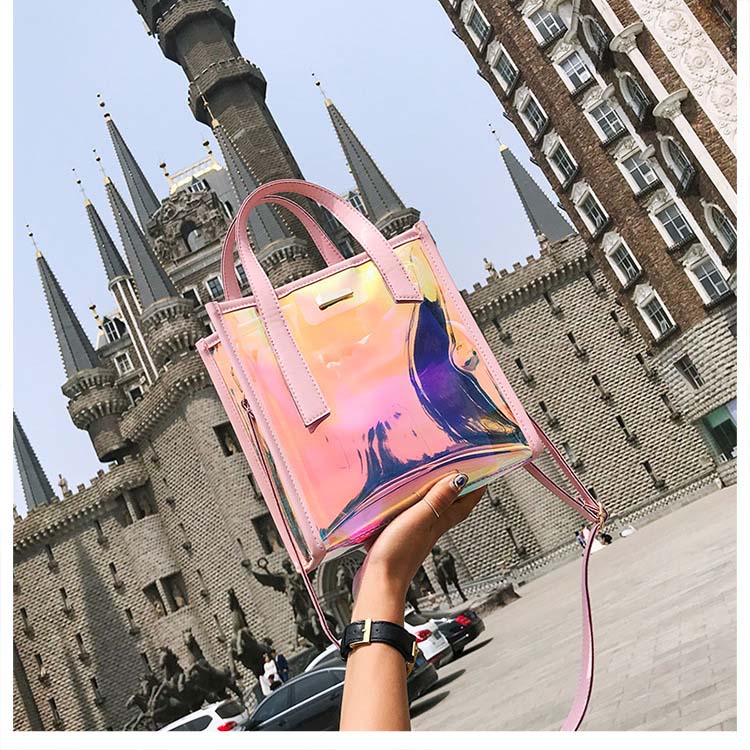 クリアトートバッグ レディース ショルダー ミラースモーク 小さめ ビニール オーロラ 軽い 斜め掛け 透明 