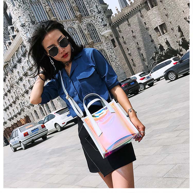 クリアトートバッグ レディース ショルダー ミラースモーク 小さめ ビニール オーロラ 軽い 斜め掛け 透明 