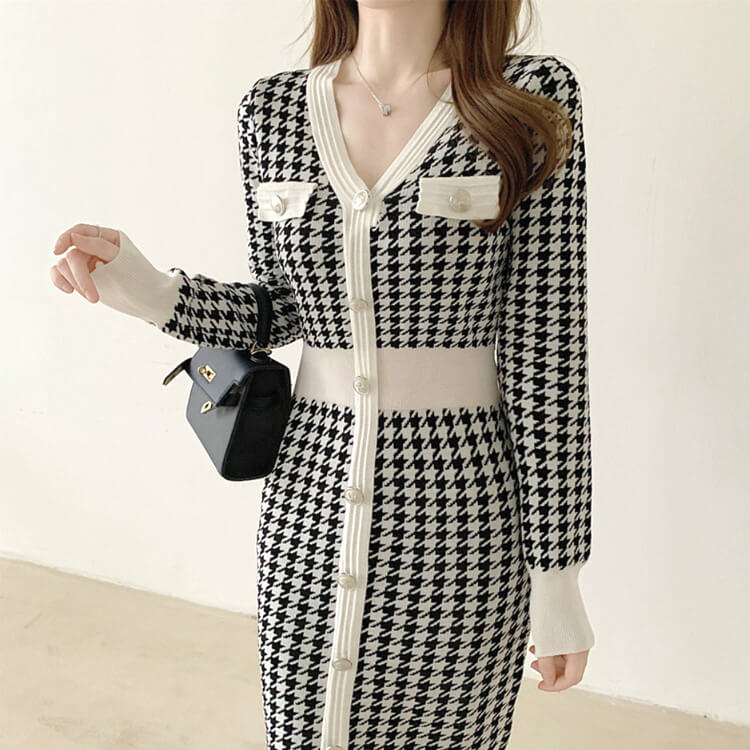 ワンピース レディース 韓国 ニットワンピース ニット 長袖 ミモレ丈 千鳥格子 フィット ストレッチ 着やせ 秋 Vネック 冬 秋冬 おしゃれ 