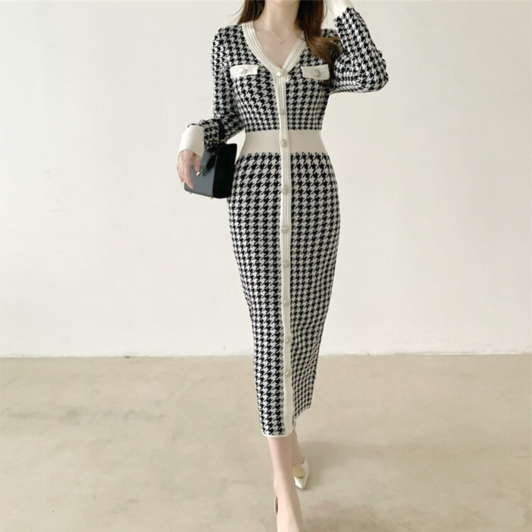 ワンピース レディース 韓国 ニットワンピース ニット 長袖 ミモレ丈 千鳥格子 フィット ストレッチ 着やせ 秋 Vネック 冬 秋冬 おしゃれ 