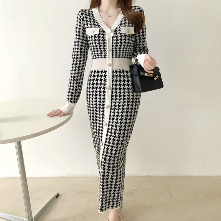 ワンピース レディース 韓国 ニットワンピース ニット 長袖 ミモレ丈 千鳥格子 フィット ストレッチ 着やせ 秋 Vネック 冬 秋冬 おしゃれ 