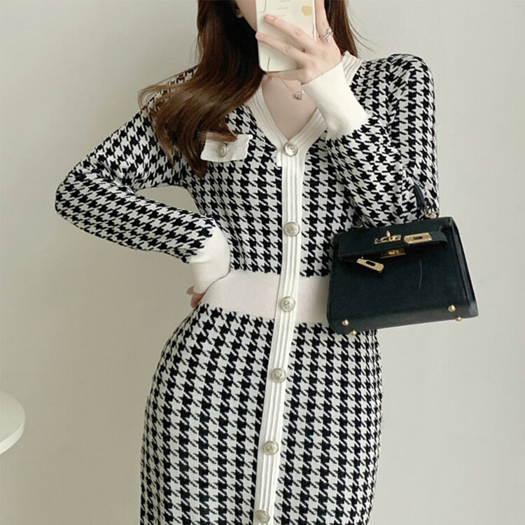 ワンピース レディース 韓国 ニットワンピース ニット 長袖 ミモレ丈 千鳥格子 フィット ストレッチ 着やせ 秋 Vネック 冬 秋冬 おしゃれ 
