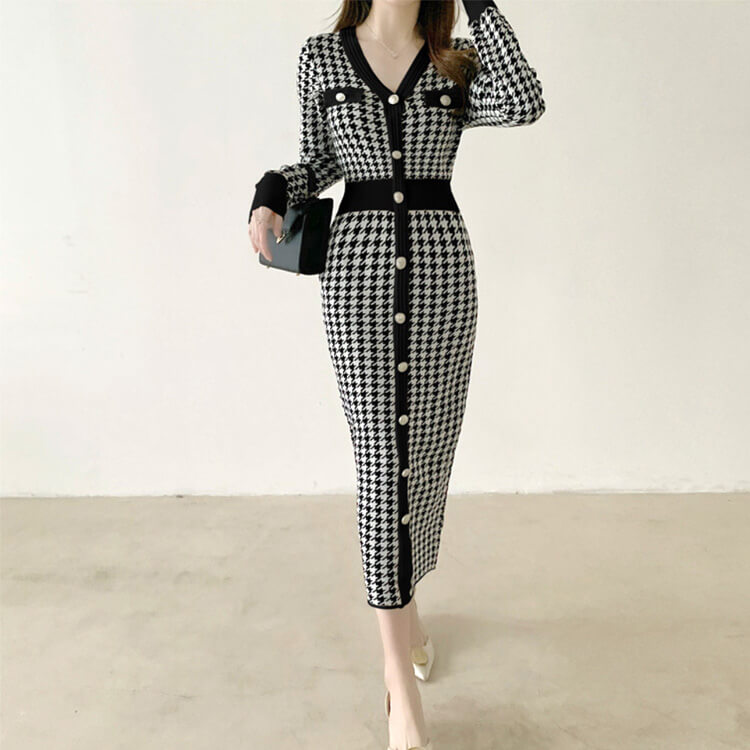 ワンピース レディース 韓国 ニットワンピース ニット 長袖 ミモレ丈 千鳥格子 フィット ストレッチ 着やせ 秋 Vネック 冬 秋冬 おしゃれ 