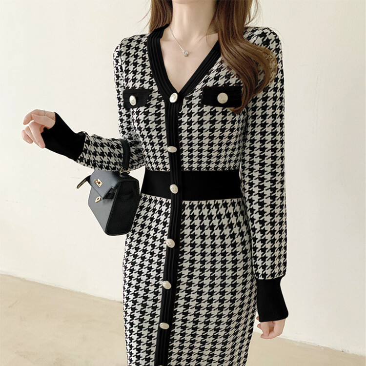 ワンピース レディース 韓国 ニットワンピース ニット 長袖 ミモレ丈 千鳥格子 フィット ストレッチ 着やせ 秋 Vネック 冬 秋冬 おしゃれ 