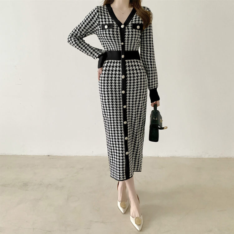 ワンピース レディース 韓国 ニットワンピース ニット 長袖 ミモレ丈 千鳥格子 フィット ストレッチ 着やせ 秋 Vネック 冬 秋冬 おしゃれ 