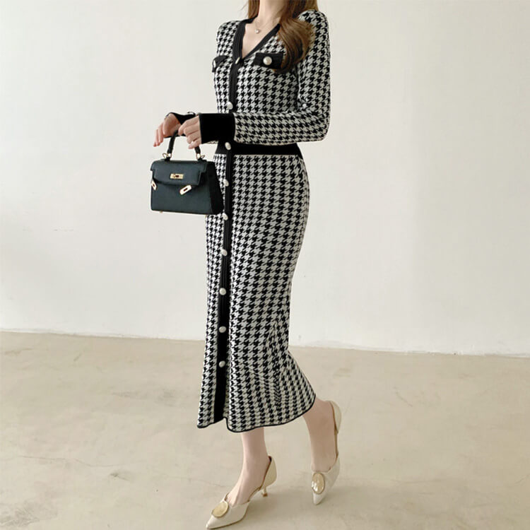 ワンピース レディース 韓国 ニットワンピース ニット 長袖 ミモレ丈 千鳥格子 フィット ストレッチ 着やせ 秋 Vネック 冬 秋冬 おしゃれ 