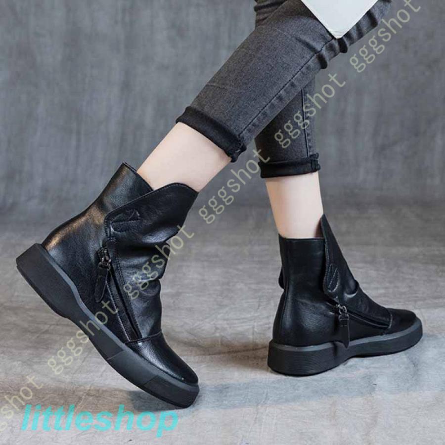 ブーツ レディース 。 ショートブーツ 黒 フラット 疲れない ソフトレザー センターシーム ローヒール 大きいサイズ 柔らかい 小さいサイズ 歩きやすい 