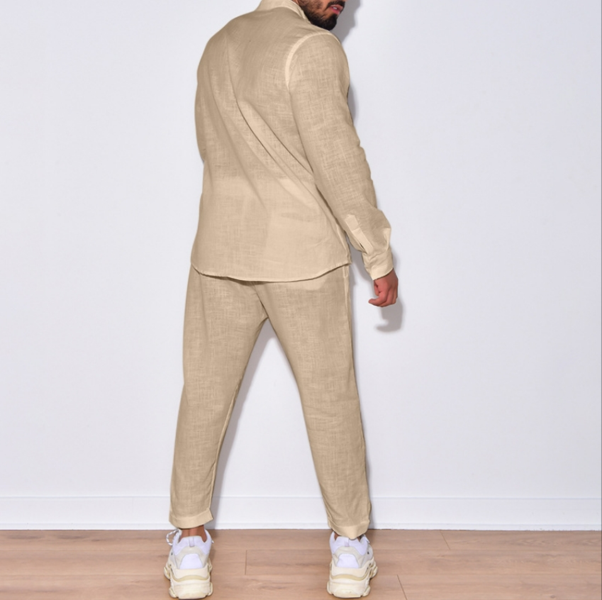 欧米紳士亜麻秋カジュアルスポーツ 長袖セットアップ 長ズボン スウェット 長袖シャツうんどう ノーキャップ 2点上下セット ロングパンツ スキニー 