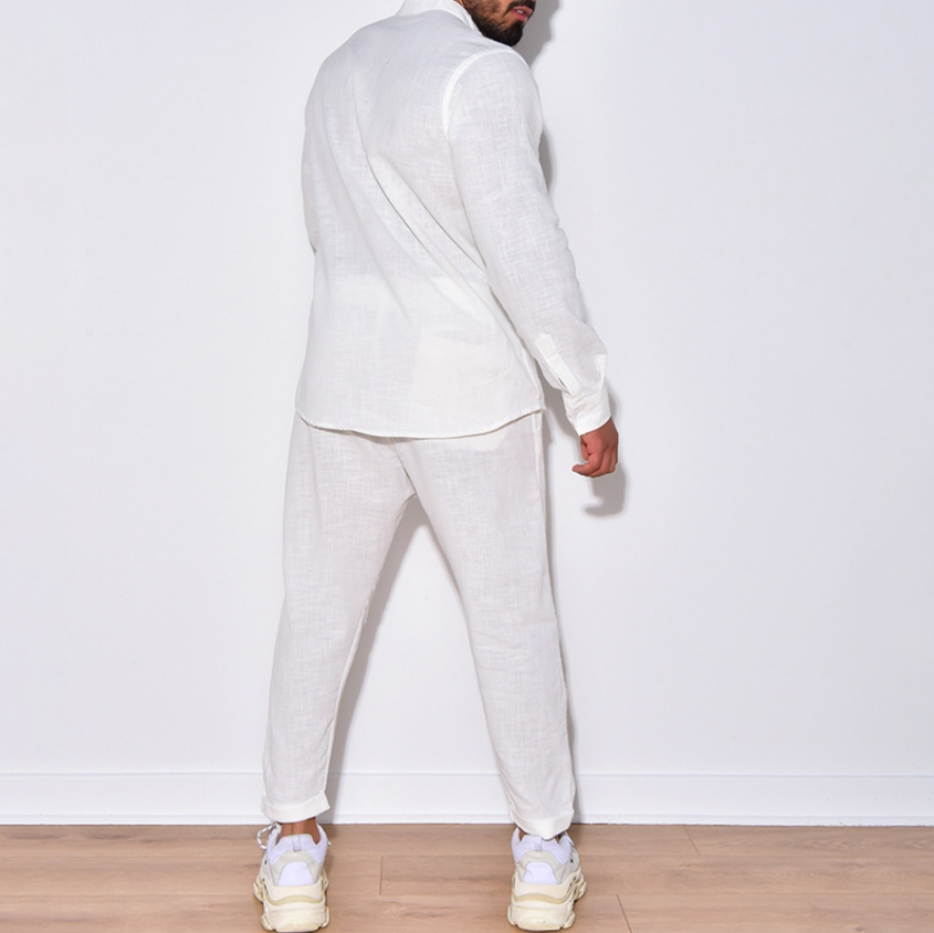 欧米紳士亜麻秋カジュアルスポーツ 長袖セットアップ 長ズボン スウェット 長袖シャツうんどう ノーキャップ 2点上下セット ロングパンツ スキニー 