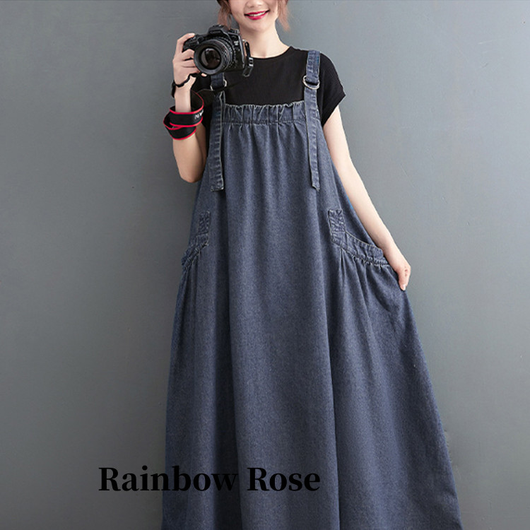 一部 新色追加 上品デニムサロペットワンピース サロペット スカート デニム 夏 大人 軽い マキシ 春 マキシスカート 大きいポケット ロング レディース 