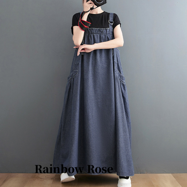 一部 新色追加 上品デニムサロペットワンピース サロペット スカート デニム 夏 大人 軽い マキシ 春 マキシスカート 大きいポケット ロング レディース 