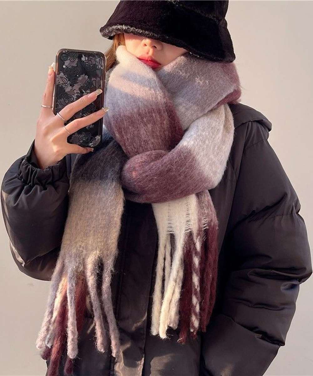 カシミヤ風 マフラーチェック柄 大判 厚手  