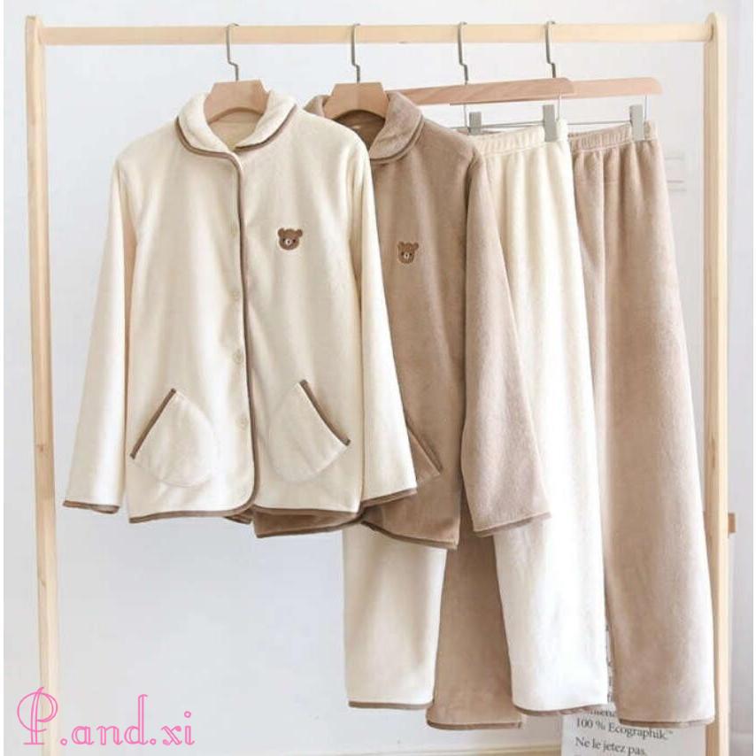 ルームウェア パジャマ レディース 可愛いクマ柄 上下セット カップル ふわふわ 紳士用 厚手 前開き 防寒 もこもこ 長袖 婦人用 秋冬 