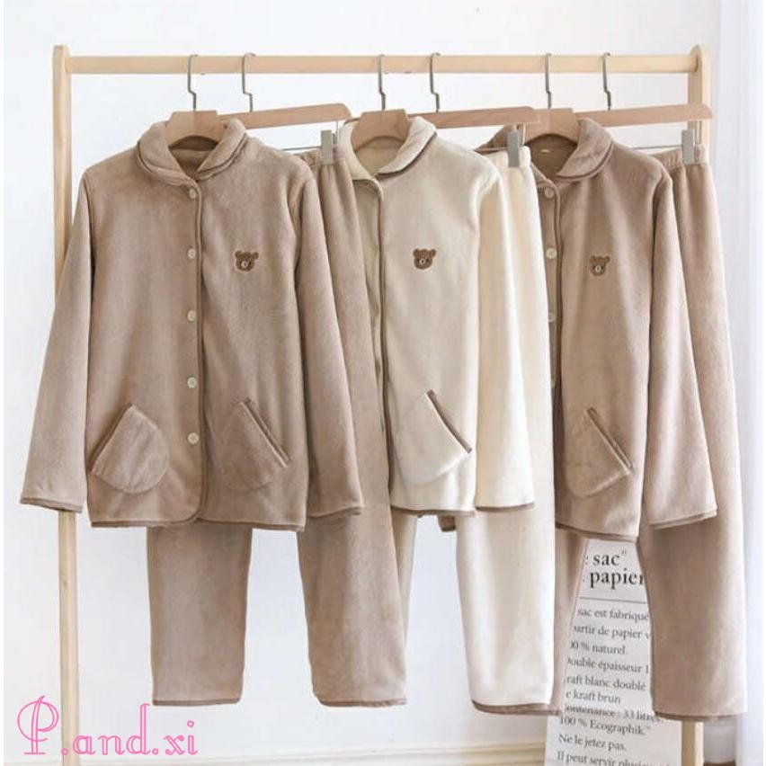 ルームウェア パジャマ レディース 可愛いクマ柄 上下セット カップル ふわふわ 紳士用 厚手 前開き 防寒 もこもこ 長袖 婦人用 秋冬 