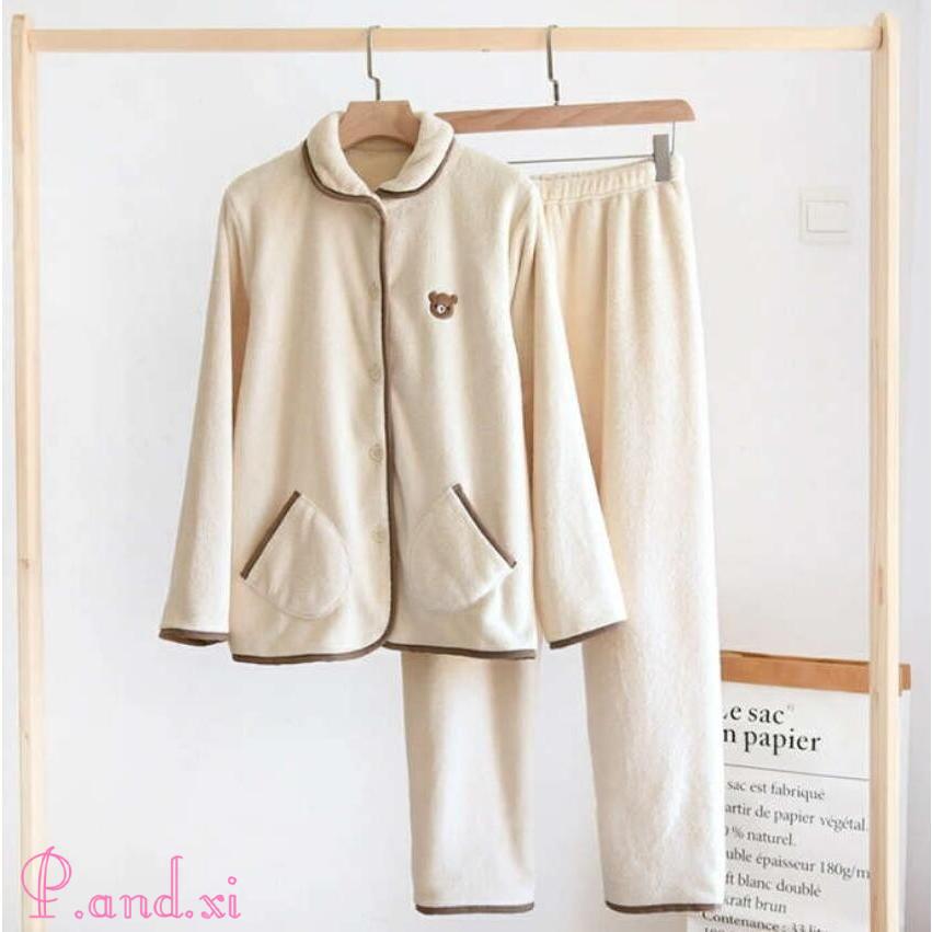 ルームウェア パジャマ レディース 可愛いクマ柄 上下セット カップル ふわふわ 紳士用 厚手 前開き 防寒 もこもこ 長袖 婦人用 秋冬 