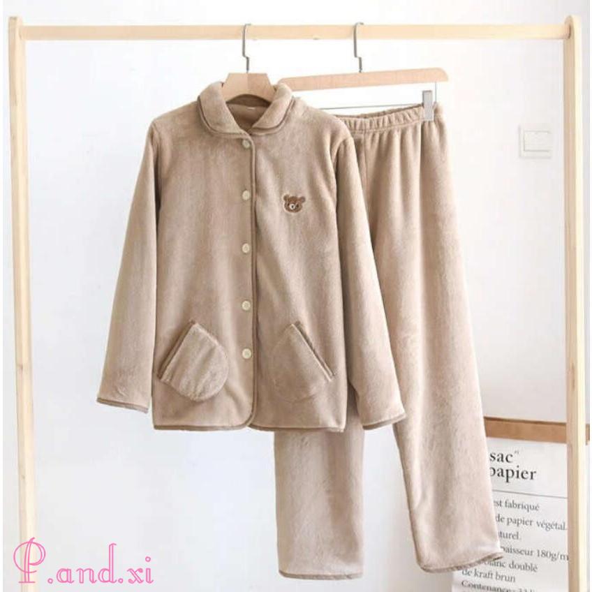 ルームウェア パジャマ レディース 可愛いクマ柄 上下セット カップル ふわふわ 紳士用 厚手 前開き 防寒 もこもこ 長袖 婦人用 秋冬 