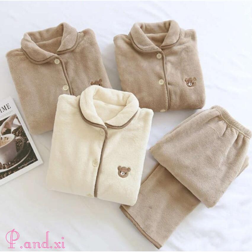 ルームウェア パジャマ レディース 可愛いクマ柄 上下セット カップル ふわふわ 紳士用 厚手 前開き 防寒 もこもこ 長袖 婦人用 秋冬 