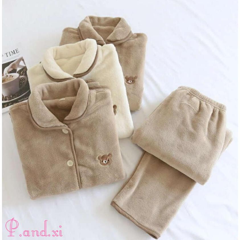 ルームウェア パジャマ レディース 可愛いクマ柄 上下セット カップル ふわふわ 紳士用 厚手 前開き 防寒 もこもこ 長袖 婦人用 秋冬 