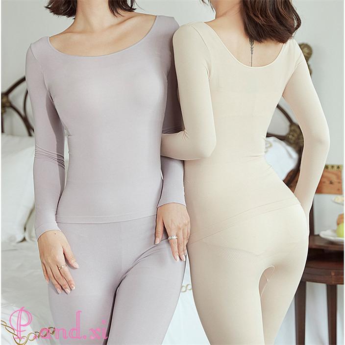 保温インナー 上下セット 深あき あったかインナー レディース 暖かい 長袖 アンダーウェア 冷え対策 下着 薄くて 広め インナーウェア 保温 肌着 バレエネック 