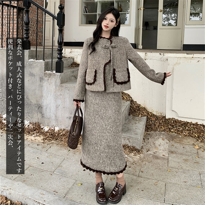 ジャケット スカート Aライン ロングスカート 結婚式 長袖 中綿入り 入学式 卒園式 秋冬 きれいめ スーツ レディース 体型カバー 中綿コート 