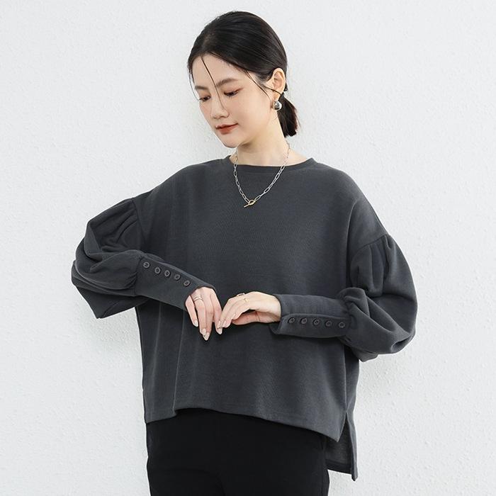 Tシャツ レディース 長袖 プルオーバー トップス 無地 カジュアル 秋冬 シンプル 柔らかい クルーネック インナー ゆったり バルーン袖 