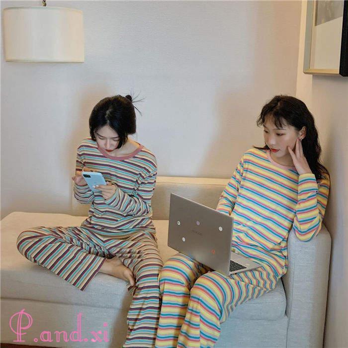 ルームウェア パジャマ レディース ボーダー リブニット バイセットアップ 上下セット ストレッチ 寝巻き リラックス 秋冬 部屋着 寝間着 かわいい 長袖 