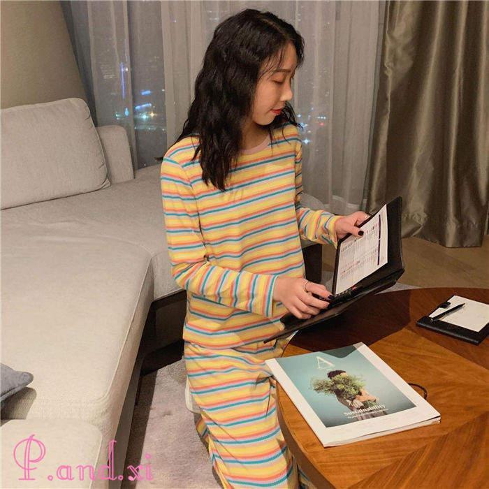 ルームウェア パジャマ レディース ボーダー リブニット バイセットアップ 上下セット ストレッチ 寝巻き リラックス 秋冬 部屋着 寝間着 かわいい 長袖 