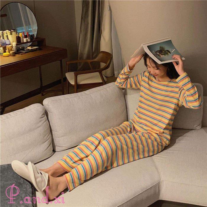 ルームウェア パジャマ レディース ボーダー リブニット バイセットアップ 上下セット ストレッチ 寝巻き リラックス 秋冬 部屋着 寝間着 かわいい 長袖 