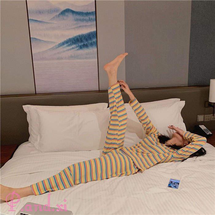 ルームウェア パジャマ レディース ボーダー リブニット バイセットアップ 上下セット ストレッチ 寝巻き リラックス 秋冬 部屋着 寝間着 かわいい 長袖 