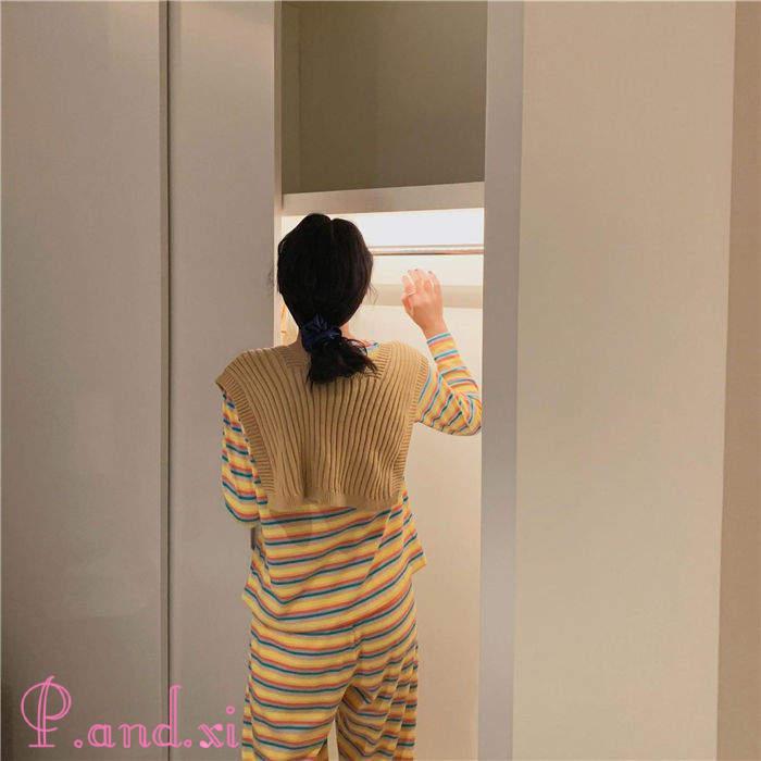 ルームウェア パジャマ レディース ボーダー リブニット バイセットアップ 上下セット ストレッチ 寝巻き リラックス 秋冬 部屋着 寝間着 かわいい 長袖 