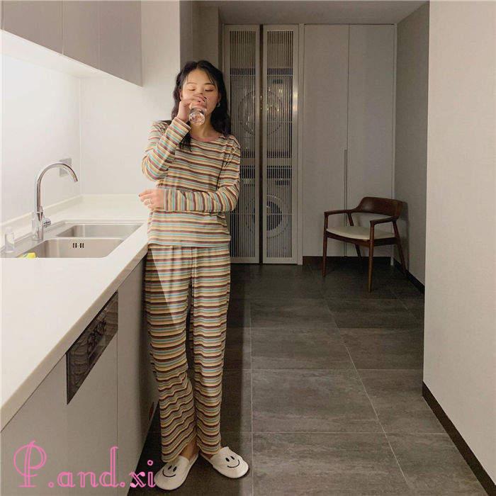 ルームウェア パジャマ レディース ボーダー リブニット バイセットアップ 上下セット ストレッチ 寝巻き リラックス 秋冬 部屋着 寝間着 かわいい 長袖 