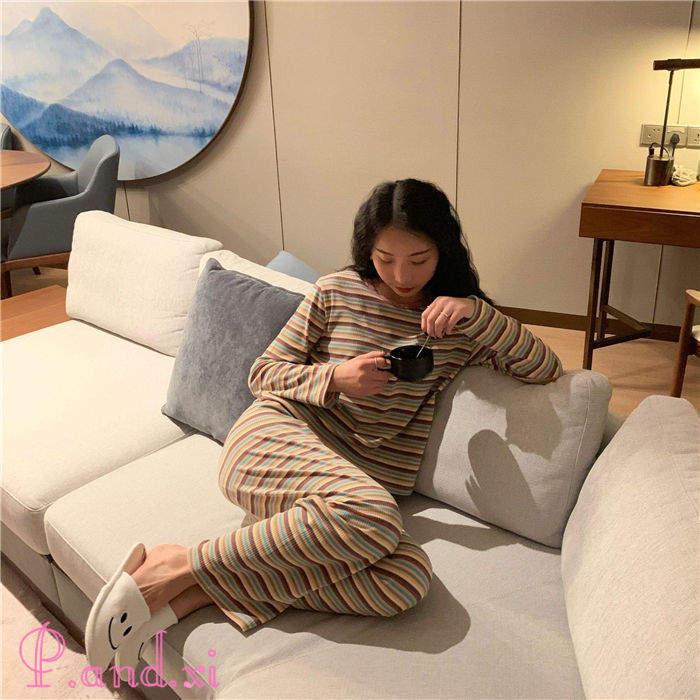 ルームウェア パジャマ レディース ボーダー リブニット バイセットアップ 上下セット ストレッチ 寝巻き リラックス 秋冬 部屋着 寝間着 かわいい 長袖 