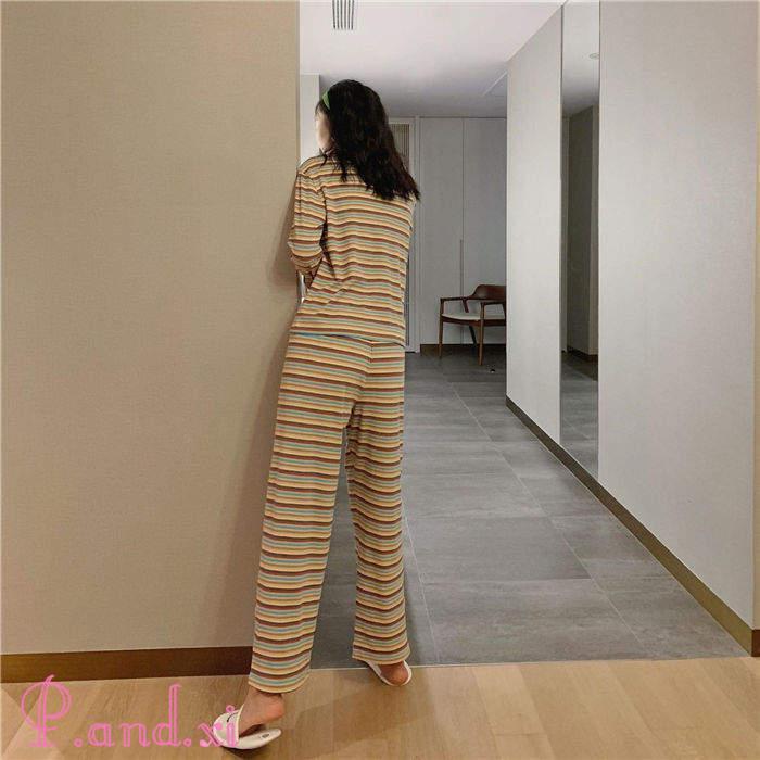 ルームウェア パジャマ レディース ボーダー リブニット バイセットアップ 上下セット ストレッチ 寝巻き リラックス 秋冬 部屋着 寝間着 かわいい 長袖 