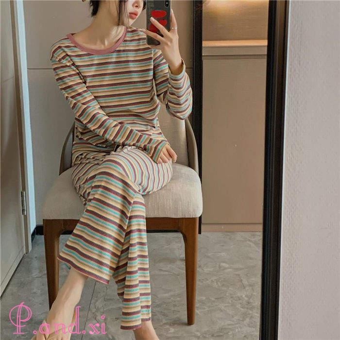 ルームウェア パジャマ レディース ボーダー リブニット バイセットアップ 上下セット ストレッチ 寝巻き リラックス 秋冬 部屋着 寝間着 かわいい 長袖 