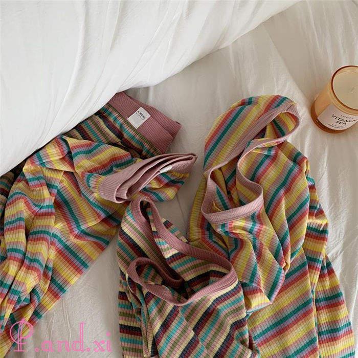 ルームウェア パジャマ レディース ボーダー リブニット バイセットアップ 上下セット ストレッチ 寝巻き リラックス 秋冬 部屋着 寝間着 かわいい 長袖 