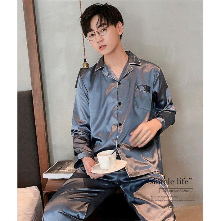 パジャマ メンズ セットアップ 春 秋 高級感 韓国風 柔らかい 薄手 ハンサム 前開き ルームウェア 長袖 ウエストゴム 部屋着 薄手 合成シルク ゆったり 