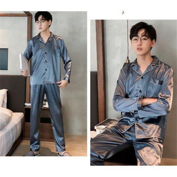 パジャマ メンズ セットアップ 春 秋 高級感 韓国風 柔らかい 薄手 ハンサム 前開き ルームウェア 長袖 ウエストゴム 部屋着 薄手 合成シルク ゆったり 