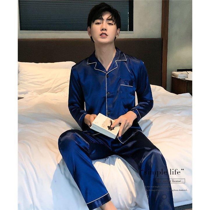 パジャマ メンズ セットアップ 春 秋 高級感 韓国風 柔らかい 薄手 ハンサム 前開き ルームウェア 長袖 ウエストゴム 部屋着 薄手 合成シルク ゆったり 