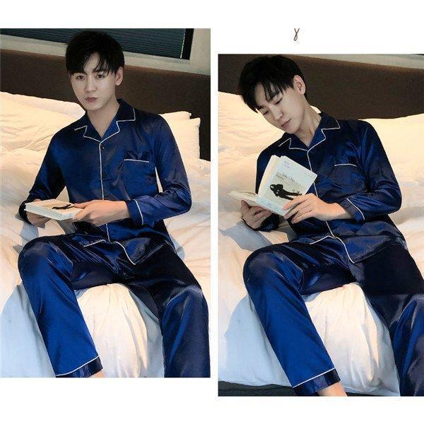 パジャマ メンズ セットアップ 春 秋 高級感 韓国風 柔らかい 薄手 ハンサム 前開き ルームウェア 長袖 ウエストゴム 部屋着 薄手 合成シルク ゆったり 