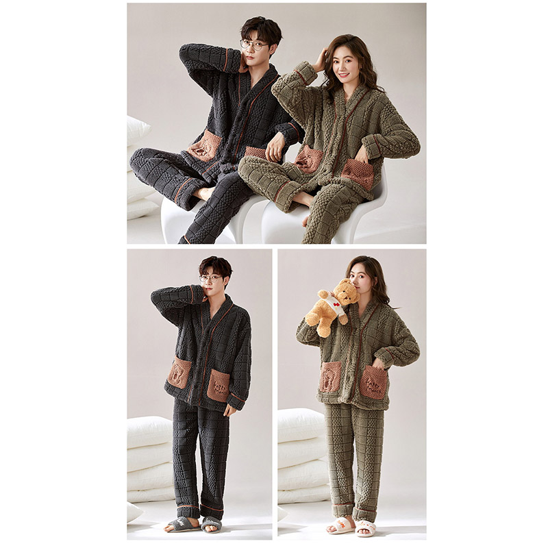 ルームウェア レディース メンズ 前開き ペアパジャマ ナイトウェア 冬用フランネル 暖かい 裏起毛 部屋着 もこもこ ペアルック 上下セット 厚手 寝間着 防寒 