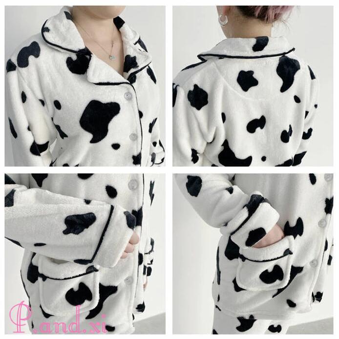 ルームウェア もこもこ レディース ベロア パジャマ ルーム 冬 ウェア ナイトウェア 暖か フランネル 牛柄 裏起毛 モコモコ かわいい あったか 秋 部屋着 