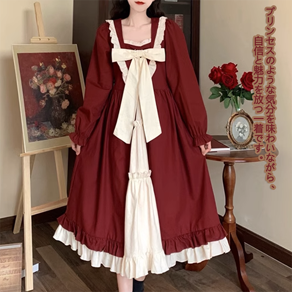 ワンピース ロタ 冬服 秋冬 長袖 フレンチ リボン かわいい エレ レトロ ファッション 大きいサイズ 上品 おしゃれ お出かけ レディース Aライン 