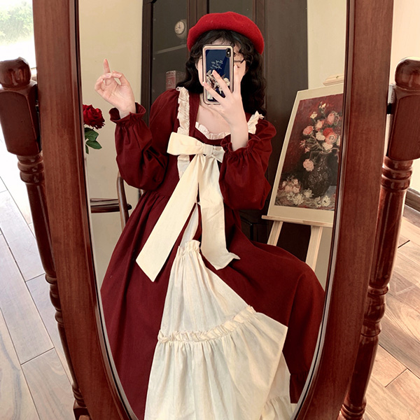 ワンピース ロタ 冬服 秋冬 長袖 フレンチ リボン かわいい エレ レトロ ファッション 大きいサイズ 上品 おしゃれ お出かけ レディース Aライン 